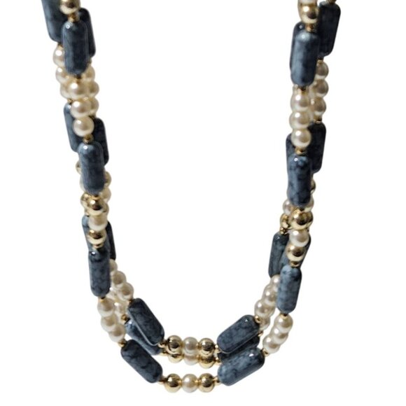 Vintage Elegant Blue Stone Faux Pearl Beaded Necklace Boho Chic Retro Fashion - Picture 2 of 6